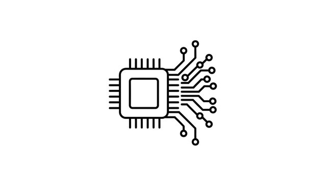 A minimalist black and white illustration of a central processing unit (CPU) microchip with visible pins and internal circuitry, representing technology and electronics