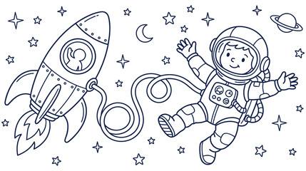 Child astronaut floating in outer space with rocket ship and stars. © NAZMA