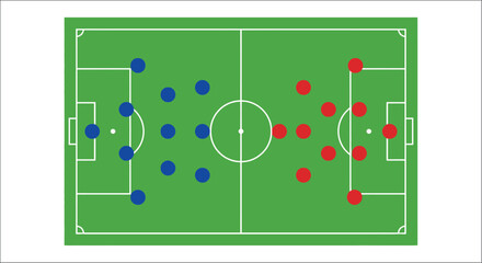 Soccer field top view with player formations blue and red teams © vectors home