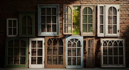 Obraz premium A charming collection of antique windows, each with unique designs and aged frames, set against a rustic brick wall, exuding vintage character and timeless appeal