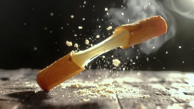 Golden crispy mozzarella sticks with dramatic cheese pull, crunchy breadcrumb coating, warm cinematic lighting, and gourmet appetizer styling in ultra realistic macro food photography.