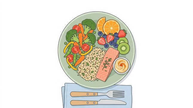 Healthy meal with quinoa, vegetables, and salmon on kitchen scale