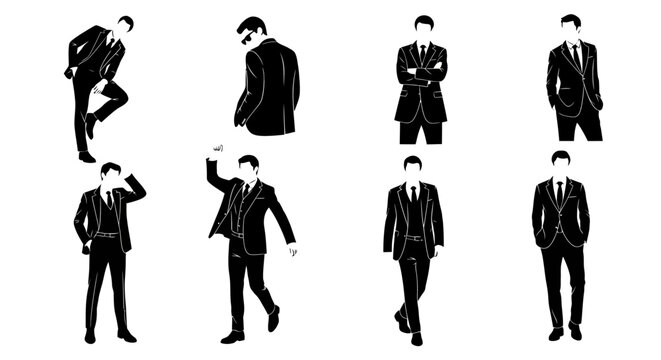 Set of men in suits silhouettes in various poses, formal business style