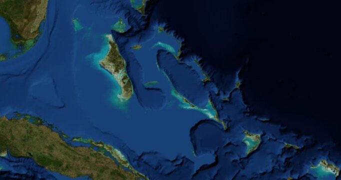 Musha Cay on Globe. Zoom into the island with Earth spinning in space. High detail physical world map with Musha Cay on it. Elements of this image furnished by NASA.