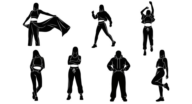 Set of dynamic hip hop dancer silhouettes performing street dance