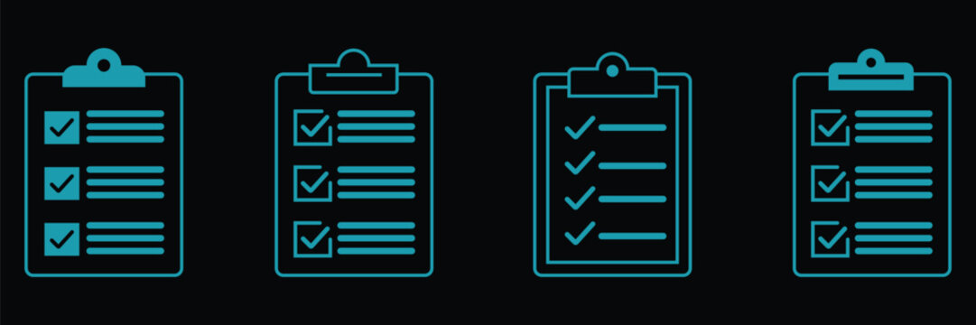 Four cyan clipboard with checklists and checkmarks on a solid black background blue