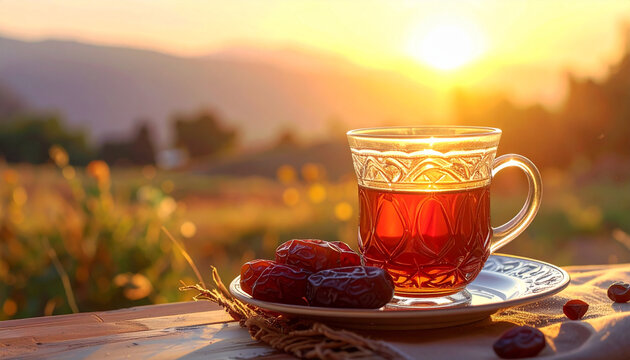 Tea cup with dates at sunset