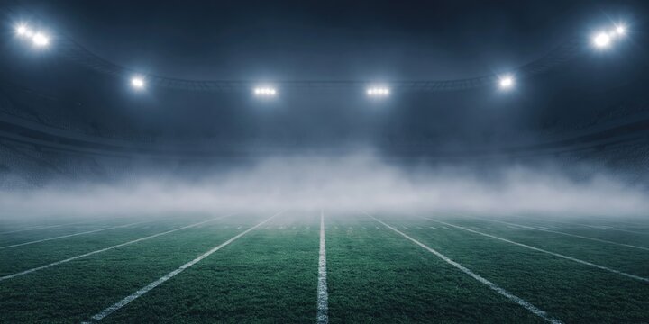 Empty American football stadium field at night, illuminated by bright stadium lights, creating moody atmosphere with thick fog and mist on grass. High quality photo