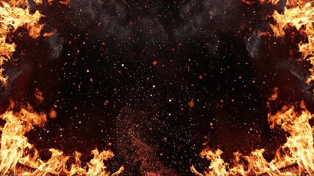 Fiery blazing flames with glowing sparks and smoke on a dark background for intense heat or fire concept