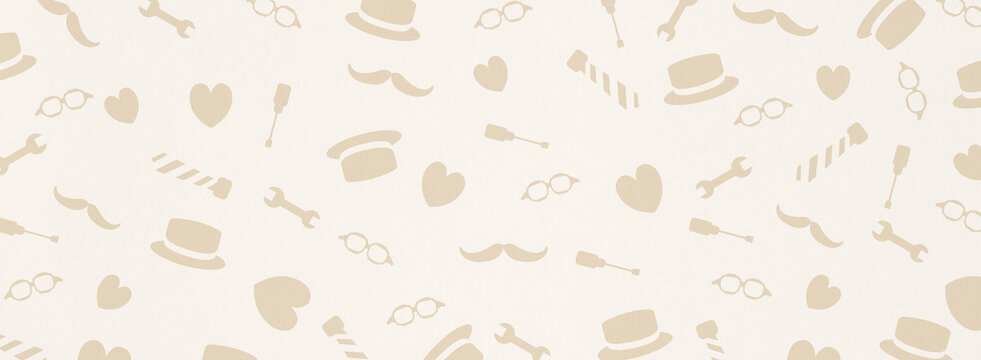 Minimalist Father's Day pattern background. Features beige silhouettes of hats, mustaches, tools, glasses, and hearts on a cream paper texture. Great for wrapping paper and backdrops.