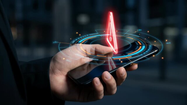 Hacker exploits network security vulnerabilities and misconfigurations with warning symbol on smartphone screen highlighting digital cyber threats and risks in futuristic glowing interface background