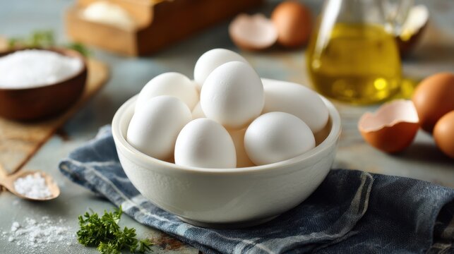 Fresh white eggs in ceramic bowl with cooking ingredients