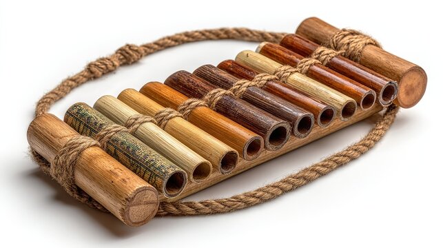 Andean pan flute made of bamboo pipes, isolated on a white background