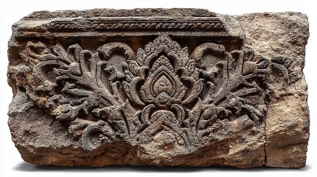 Cambodian Angkor-style stone relief carving fragment with ancient motifs, isolated on a white background