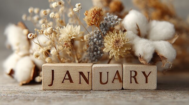 Frosty seasonal design with the word January surrounded by soft winter textures