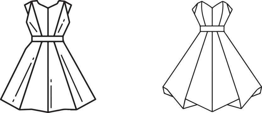 Vector line art dresses with pleated skirts and waistbands illustration