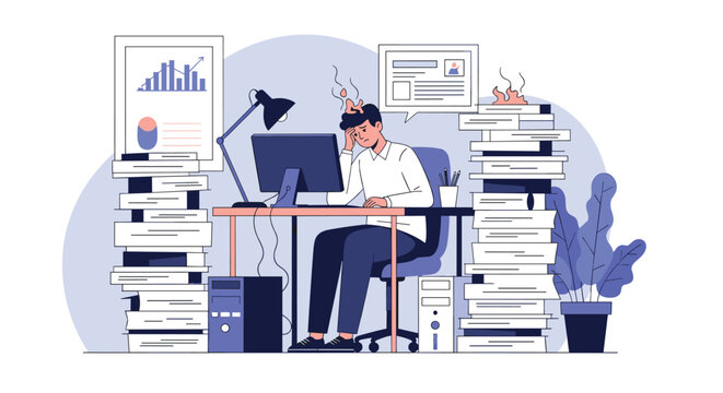 Stressed office worker sitting at a desk overwhelmed by massive piles of paperwork and files in an office.