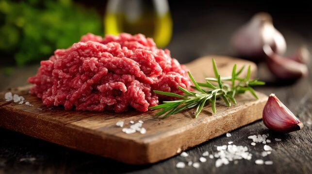 Fresh raw ground beef on wooden cutting board with rosemary and garlic
