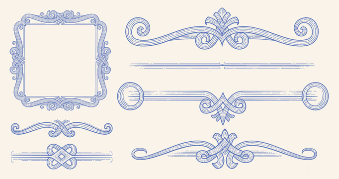 Decor ornament. Line swirls. Filigree for frame. Border element. Decorative calligraphic flourish geometric motifs. Typographic book text divider isolated elements. Separators vector victorian design