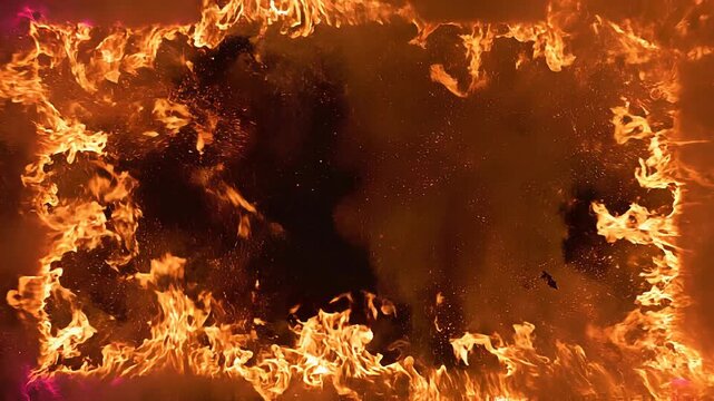Fiery frame of intense orange flames with dark center for dramatic fire background or border