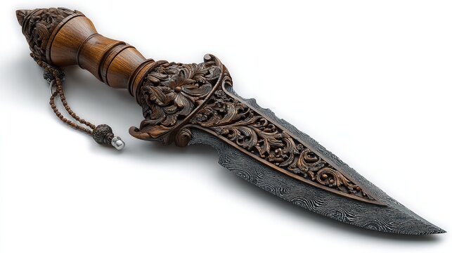 Indonesian kris dagger with wavy blade and carved handle, isolated on a white background 