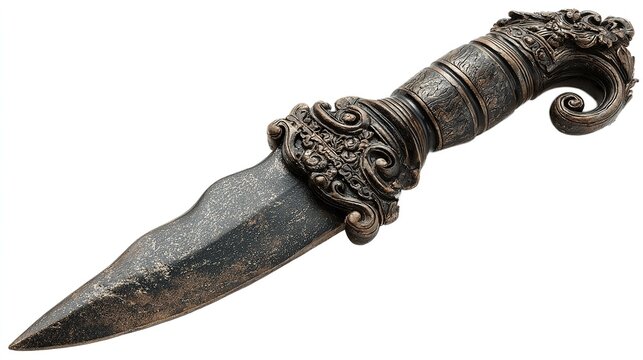 Indonesian kris dagger with wavy blade and carved handle, isolated on a white background 