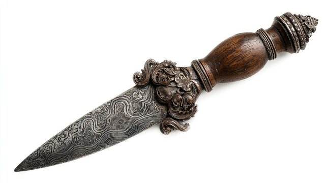 Indonesian kris dagger with wavy blade and carved handle, isolated on a white background 
