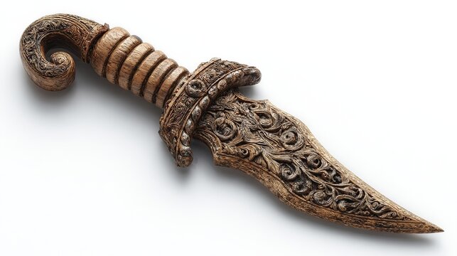 Indonesian kris dagger with wavy blade and carved handle, isolated on a white background 