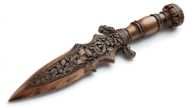 Indonesian kris dagger with wavy blade and carved handle, isolated on a white background 