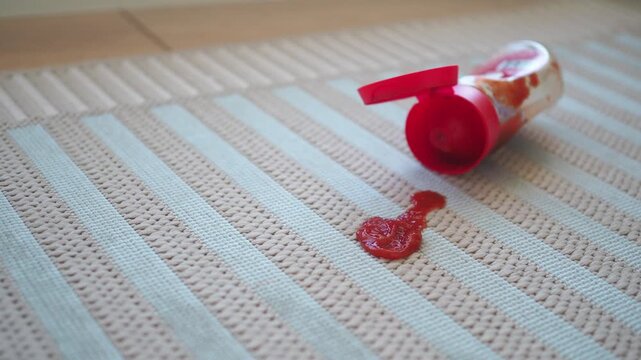 Ketchup bottle spills on kitchen mat during lunch