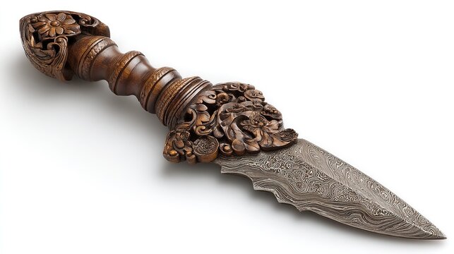 Indonesian kris dagger with wavy blade and carved handle, isolated on a white background 