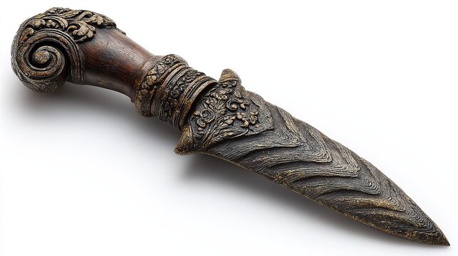Indonesian kris dagger with wavy blade and carved handle, isolated on a white background 