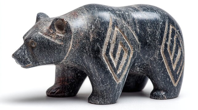 Inuit carved soapstone animal sculpture with smooth dark texture, isolated on a white background