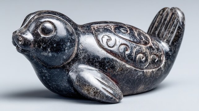 Inuit carved soapstone animal sculpture with smooth dark texture, isolated on a white background