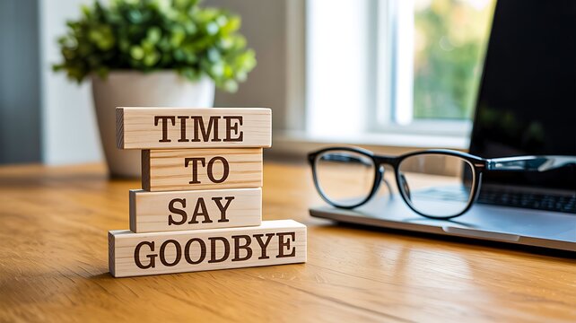 Time to say goodbye message on wooden blocks with glasses on desk in bright office setting
