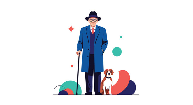 Senior man wearing a blue overcoat and hat stands with his faithful beagle dog while holding a walking cane outdoors.
