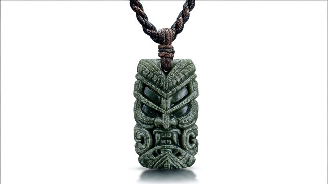 Sacred Maori greenstone hei tiki pendant with lustrous polished jade texture, isolated on clean white background.