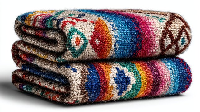 Traditional Peruvian Inca textile fabric neatly folded showcasing vibrant colorful geometric designs, isolated on clean white background.