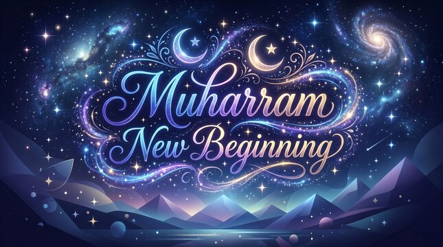 Islamic crescent moon and star with muharram text