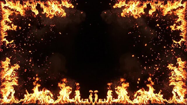 Flaming fire border with bright orange and yellow flames on black background for intense fiery frame design