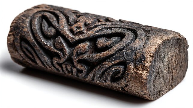 Polynesian tribal tattoo stamp tool carved in wood, isolated on a white background. 
