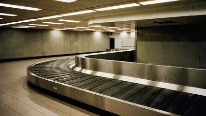 Empty curved airport baggage claim carousel conveyor belt in terminal arrival area, travel transportation luggage delivery and waiting room interior concept © Lumi Stock Studio