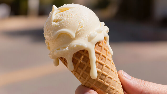 Hand holding melting vanilla ice cream scoop in waffle cone with cream dripping down on sunny summer day outdoor, sweet dessert food and refreshing snack concept