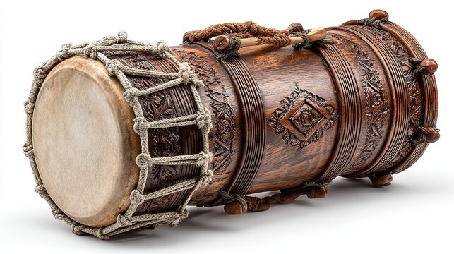 Traditional Senegalese sabar drum featuring rope-tuned skin membrane and intricately carved wood body, isolated on clean white background. 