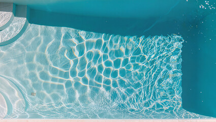 Aerial top view of empty turquoise swimming pool with clear sparkling rippled water and sunlight reflections, summer vacation resort hotel and luxury background concept © Lumi Stock Studio