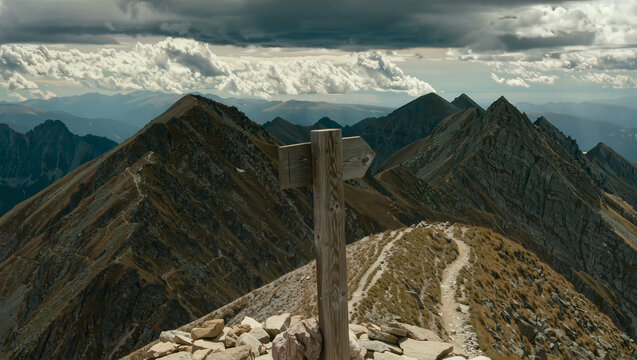 Wooden signpost marker on rocky mountain peak summit ridge trail with cloudy dramatic sky, hiking trekking outdoor adventure travel and direction choice concept