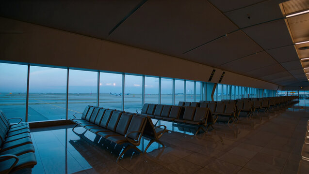 Empty airport terminal departure lounge with rows of black seats and large windows overlooking runway at twilight, travel transportation waiting area interior concept