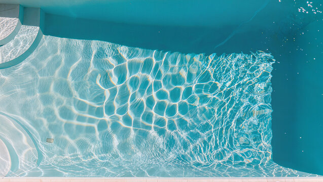 Aerial top view of empty turquoise swimming pool with clear sparkling rippled water and sunlight reflections, summer vacation resort hotel and luxury background concept