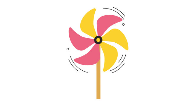 Colorful toy pinwheel with pink and yellow blades spinning on a wooden stick shown as a clean vector illustration.