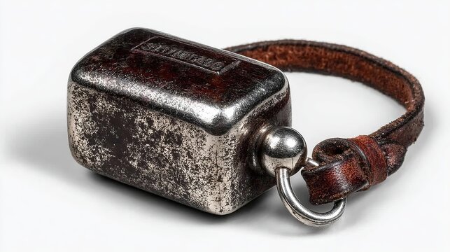 Traditional Swiss alpine cowbell with worn leather strap and finely engraved metal surface, isolated on clean white background.